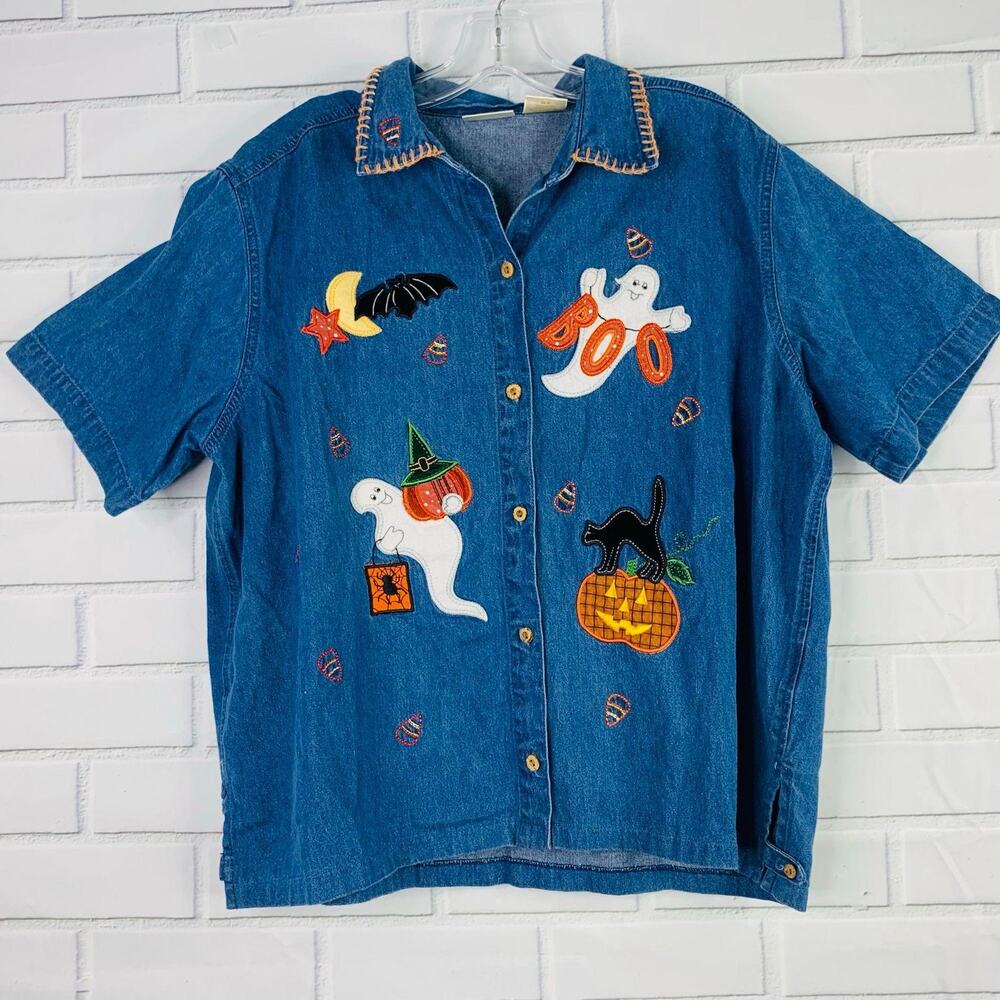 vintage Halloween embroidered denim top cotton women size 14W 16W Bobbie Brooks